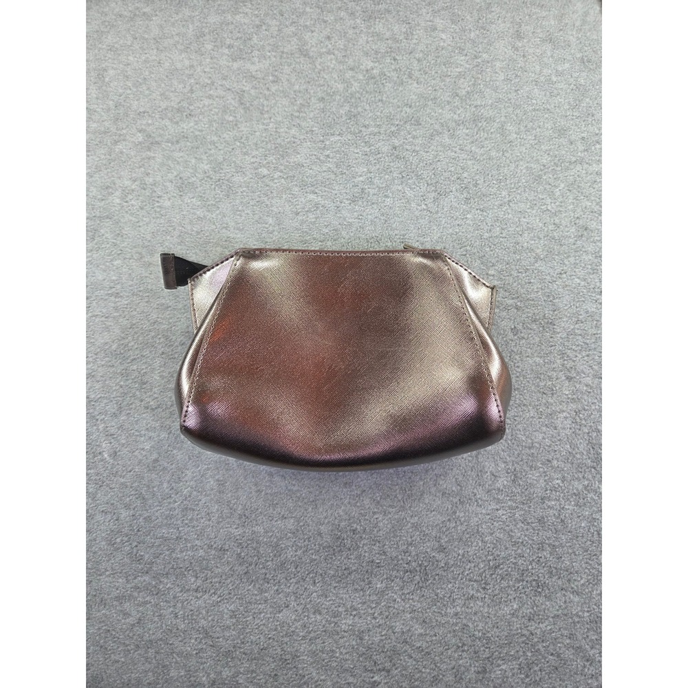 Chantecaille Womens Metallic Saffiano Zip Cosmetic Makeup Bag Bronze Glam